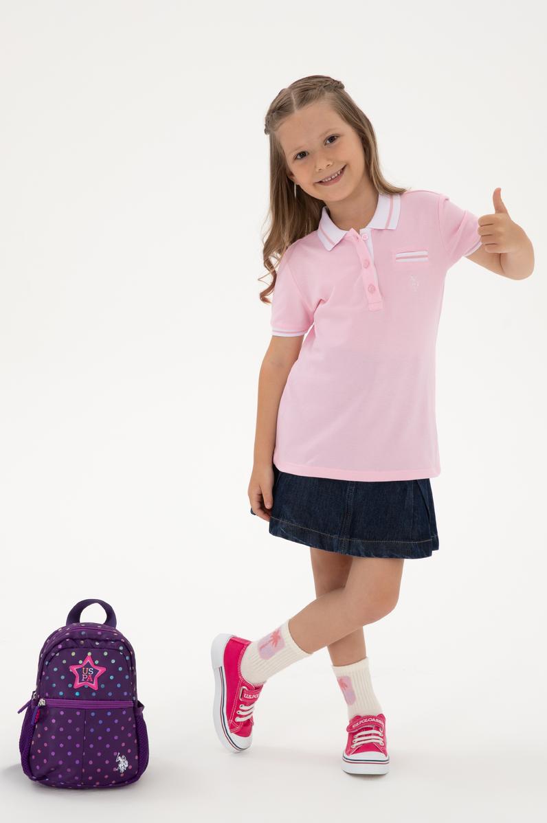 Kız Çocuk Açık Pembe Polo Yaka İşlevsiz Cepli Basic Tişört