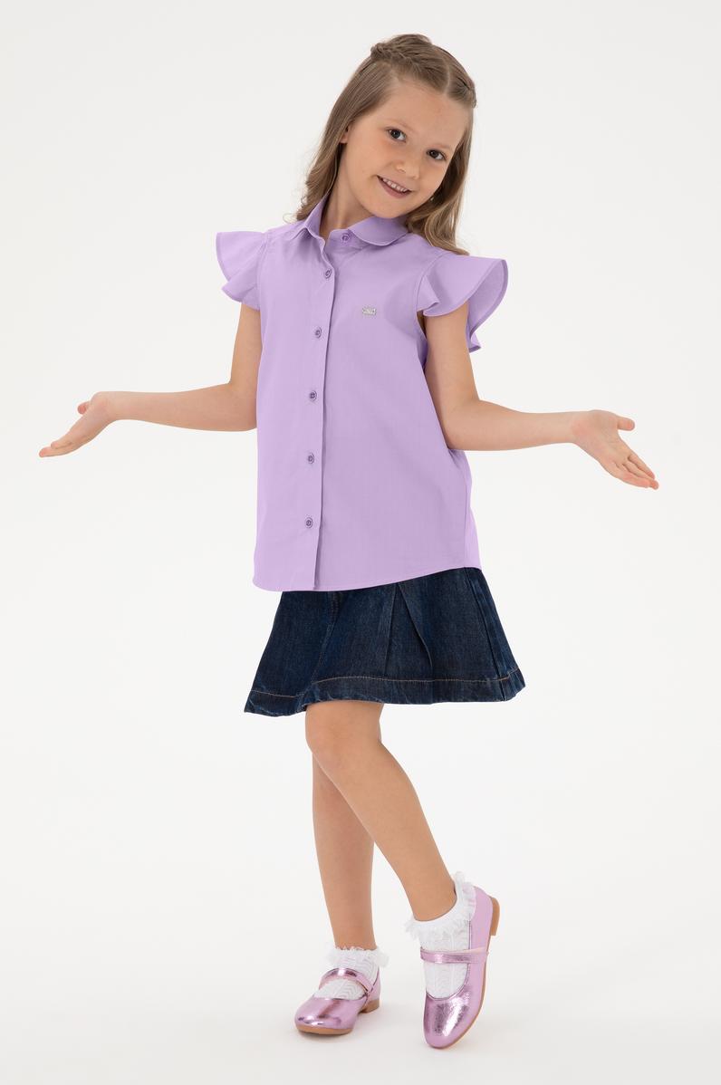 Kız Çocuk Lila Fırfır Kol Detaylı Pamuk Gömlek