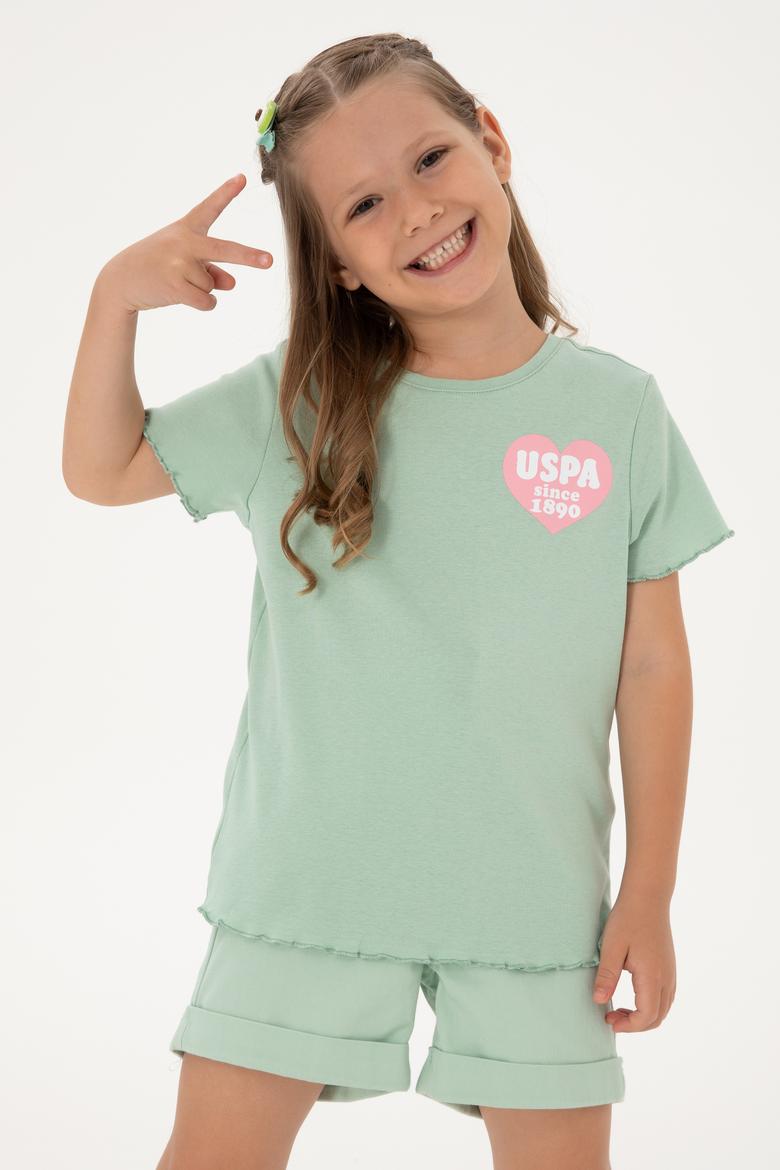 Kız Çocuk Su Yeşili Bisiklet Yaka Basic Pamuk Tişört