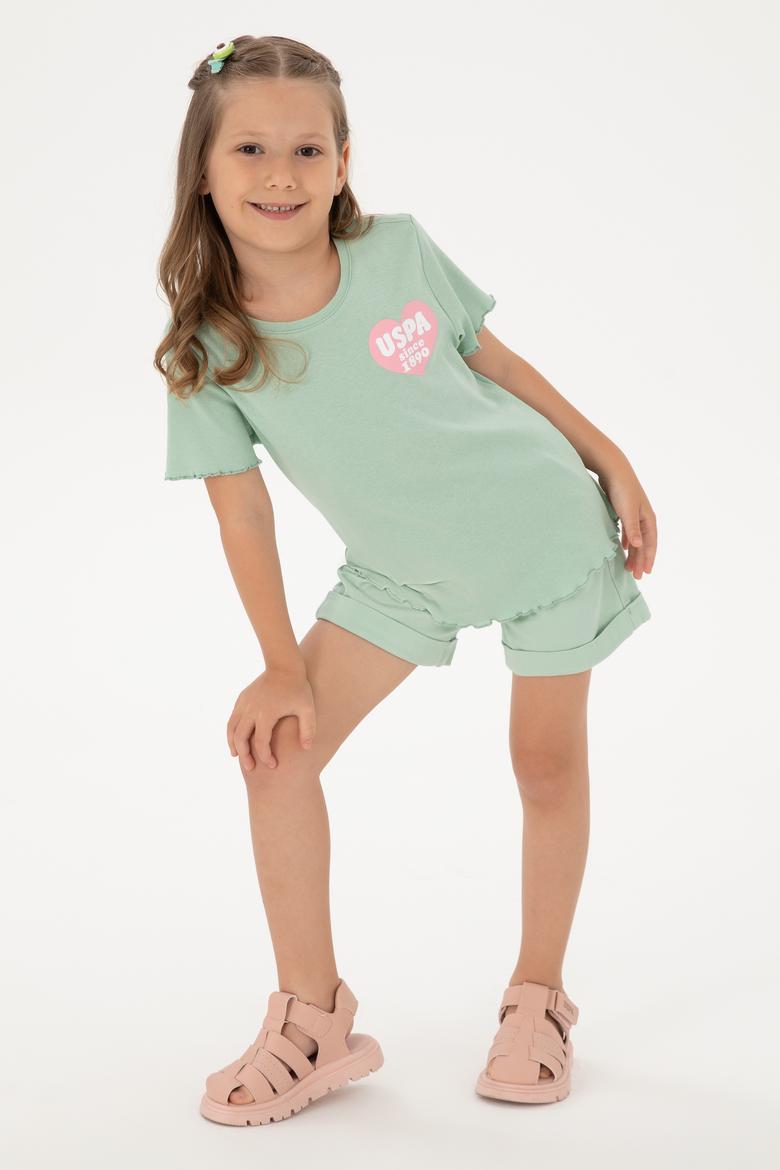 Kız Çocuk Su Yeşili Bisiklet Yaka Basic Pamuk Tişört - 50306225009