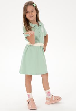 Kız Çocuk Su Yeşili Polo Yaka Kısa Kol A-Form Örme Elbise - 50306260010