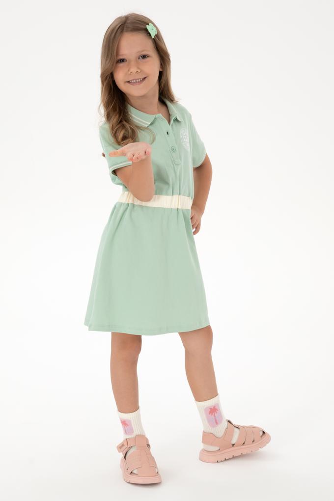 Kız Çocuk Su Yeşili Polo Yaka Kısa Kol A-Form Örme Elbise