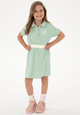 Kız Çocuk Su Yeşili Polo Yaka Kısa Kol A-Form Örme Elbise - 50306260010