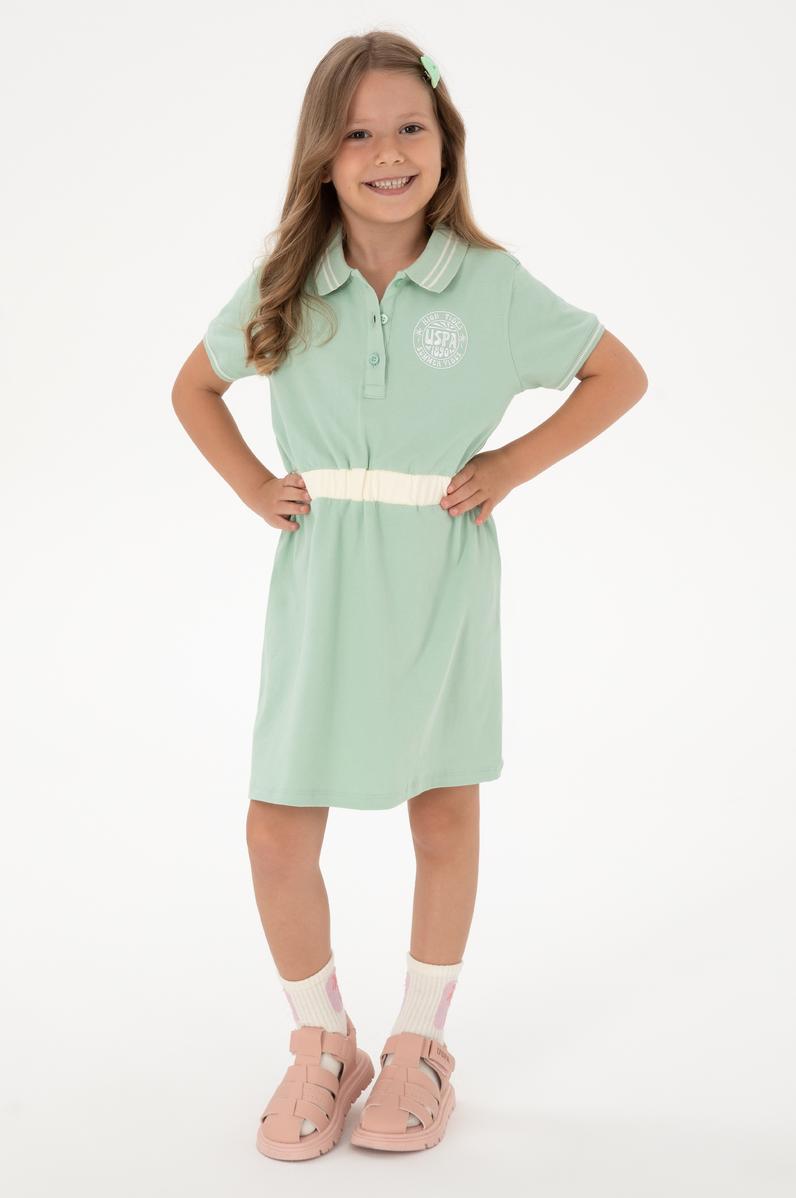 Kız Çocuk Su Yeşili Polo Yaka Kısa Kol A-Form Örme Elbise