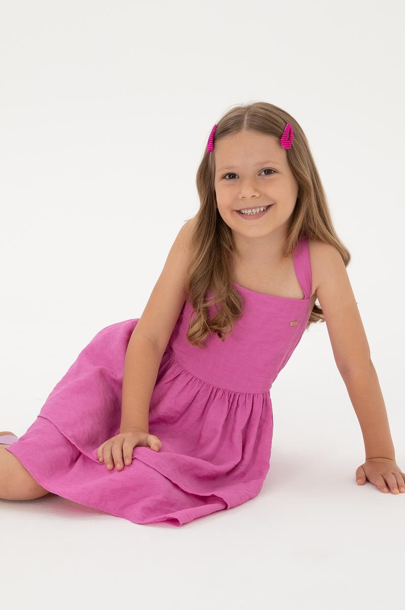 Kız Çocuk Fuşya Fırfırlı A-Form Askılı Dokuma Elbise