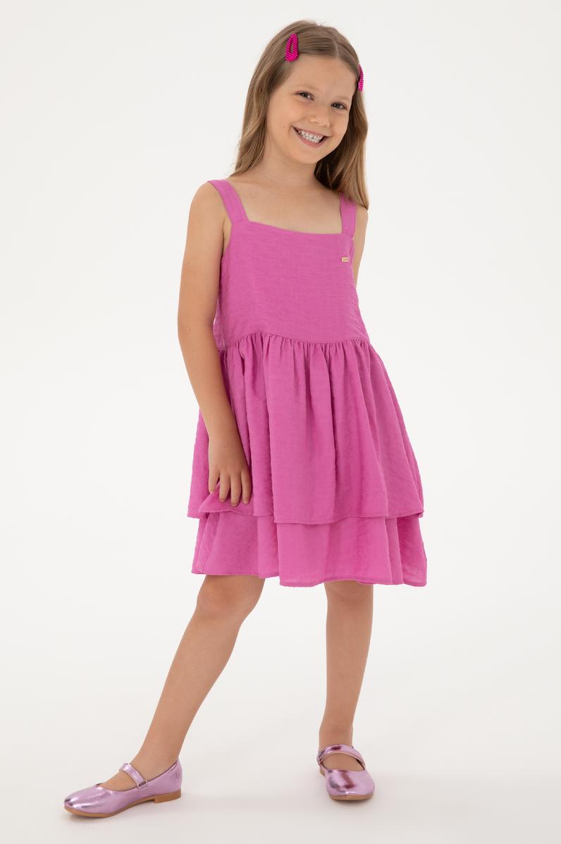 Kız Çocuk Fuşya Fırfırlı A-Form Askılı Dokuma Elbise