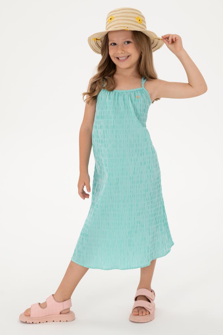 Kız Çocuk Mint Askılı A-Form Çizgili Dokuma Elbise