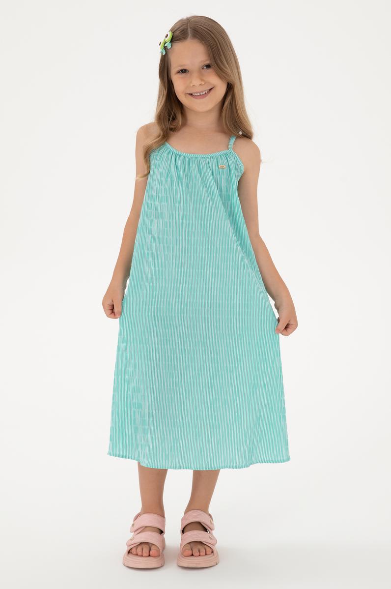 Kız Çocuk Mint Askılı A-Form Çizgili Dokuma Elbise