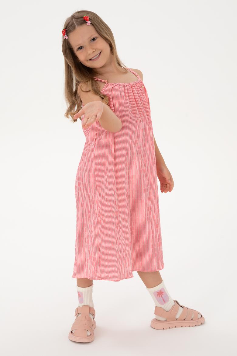 Kız Çocuk Pembe Çizgili A-Form Askılı Dokuma Elbise - 50306579022
