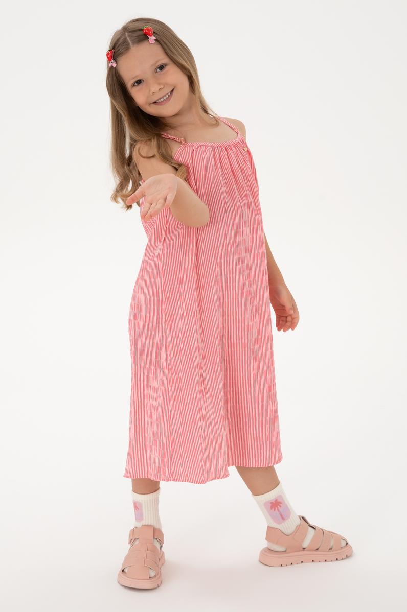 Kız Çocuk Pembe Çizgili A-Form Askılı Dokuma Elbise