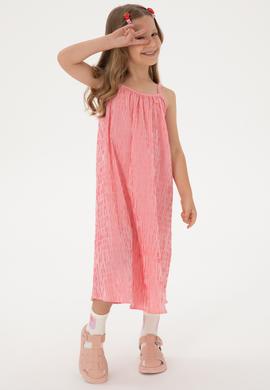 Kız Çocuk Pembe Çizgili A-Form Askılı Dokuma Elbise - 50306579022