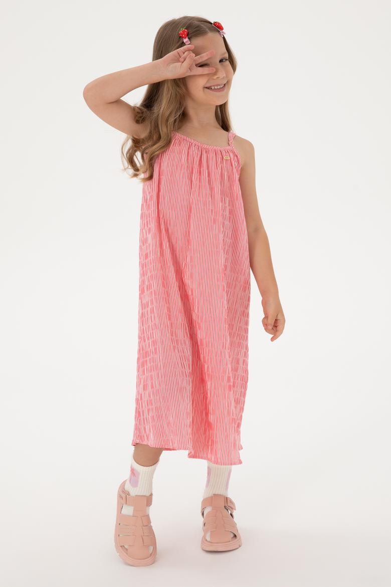 Kız Çocuk Pembe Çizgili A-Form Askılı Dokuma Elbise