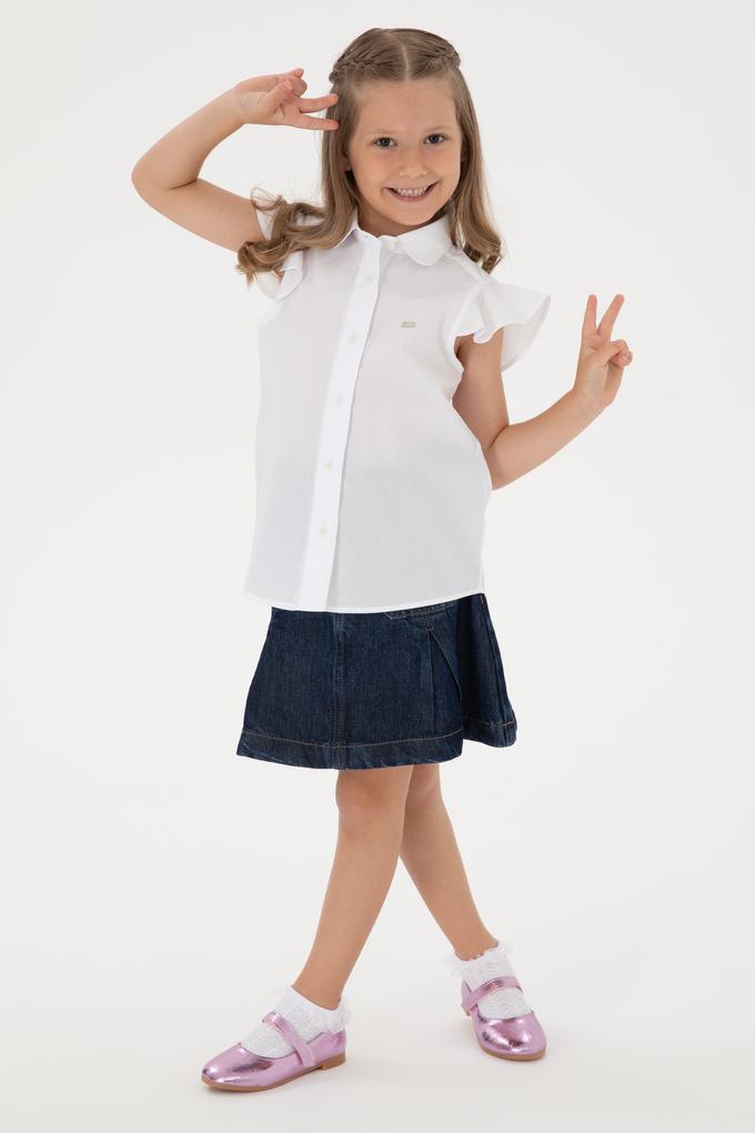Kız Çocuk Beyaz Fırfır Kol Detaylı Pamuk Gömlek