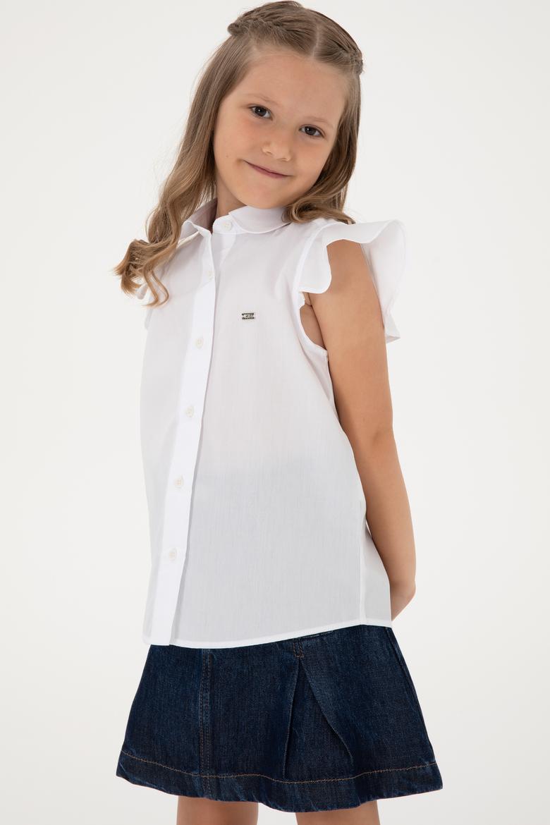 Kız Çocuk Beyaz Fırfır Kol Detaylı Pamuk Gömlek - 50306617015
