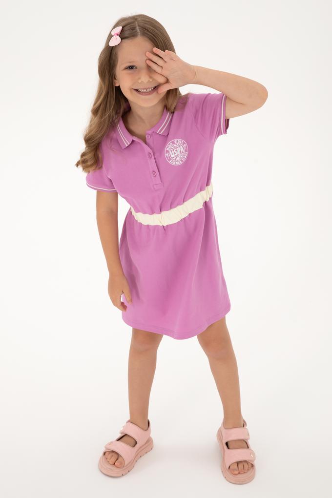Kız Çocuk Fuşya Polo Yaka Kısa Kol A-Form Örme Elbise