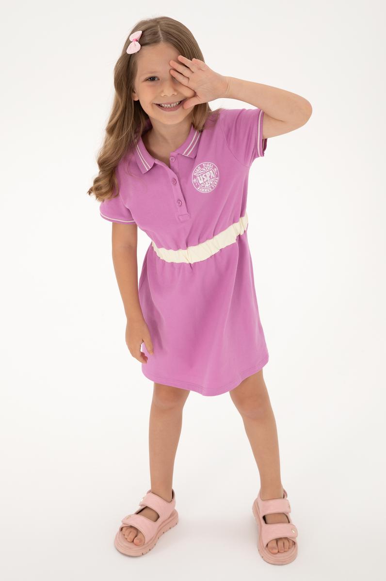 Kız Çocuk Fuşya Polo Yaka Kısa Kol A-Form Örme Elbise