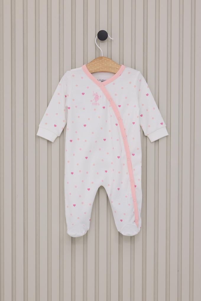 Kız Bebek Beyaz Kalp Desenli %100 Pamuk Patikli Tulum