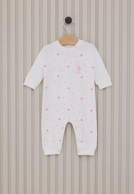 Kız Bebek Beyaz Kalp Desenli %100 Pamuk Uzun Kollu Tulum - 50322799004
