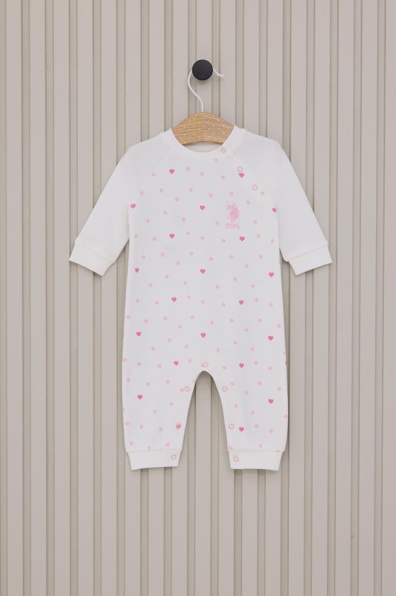 Kız Bebek Beyaz Kalp Desenli %100 Pamuk Uzun Kollu Tulum