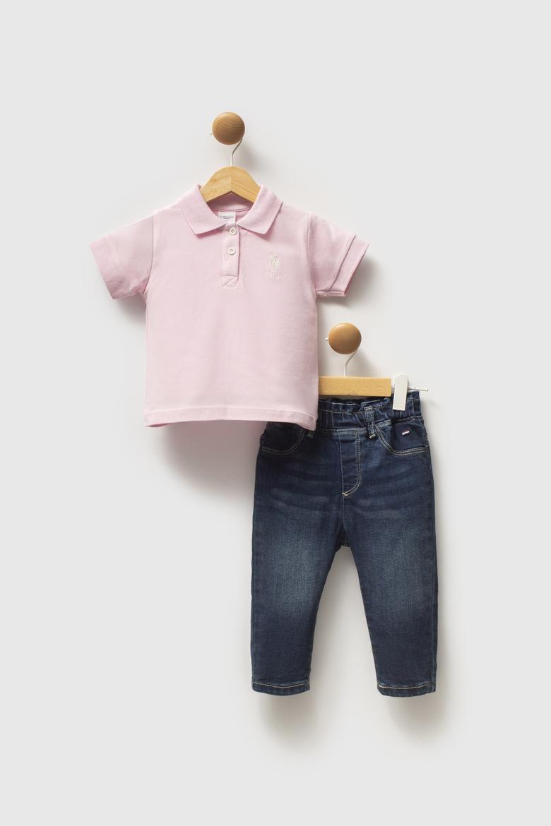 Kız Bebek Toz Pembe Polo Yaka Tişört Jean Pantolon Takım 2'li