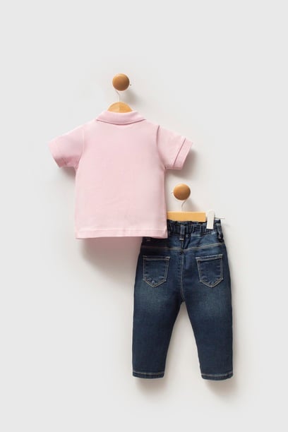 Kız Bebek Toz Pembe Polo Yaka Tişört Jean Pantolon Takım 2'li