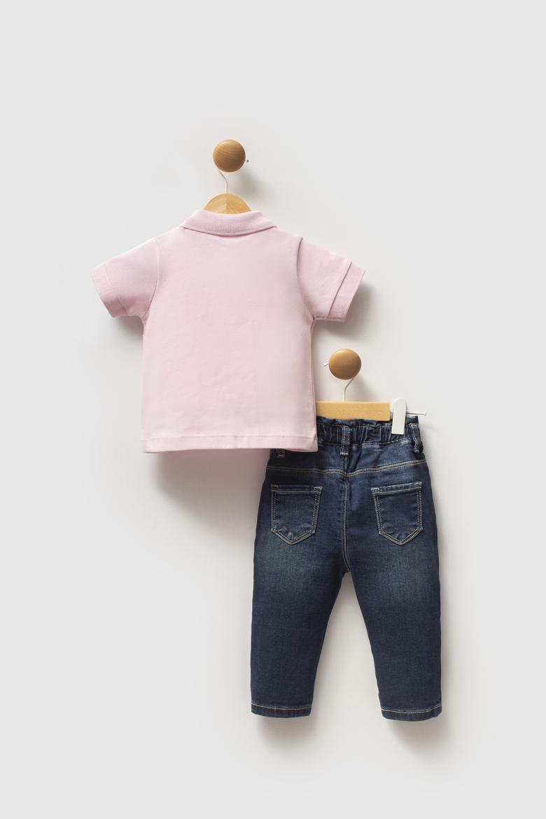 Kız Bebek Toz Pembe Polo Yaka Tişört Jean Pantolon Takım 2'li - 50322910002
