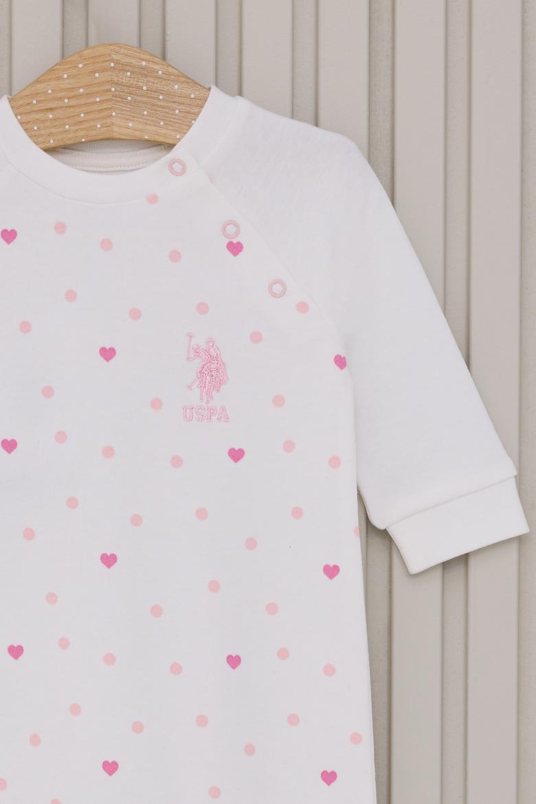 Kız Bebek Beyaz Kalp Desenli %100 Pamuk Uzun Kollu Tulum - 50322799004