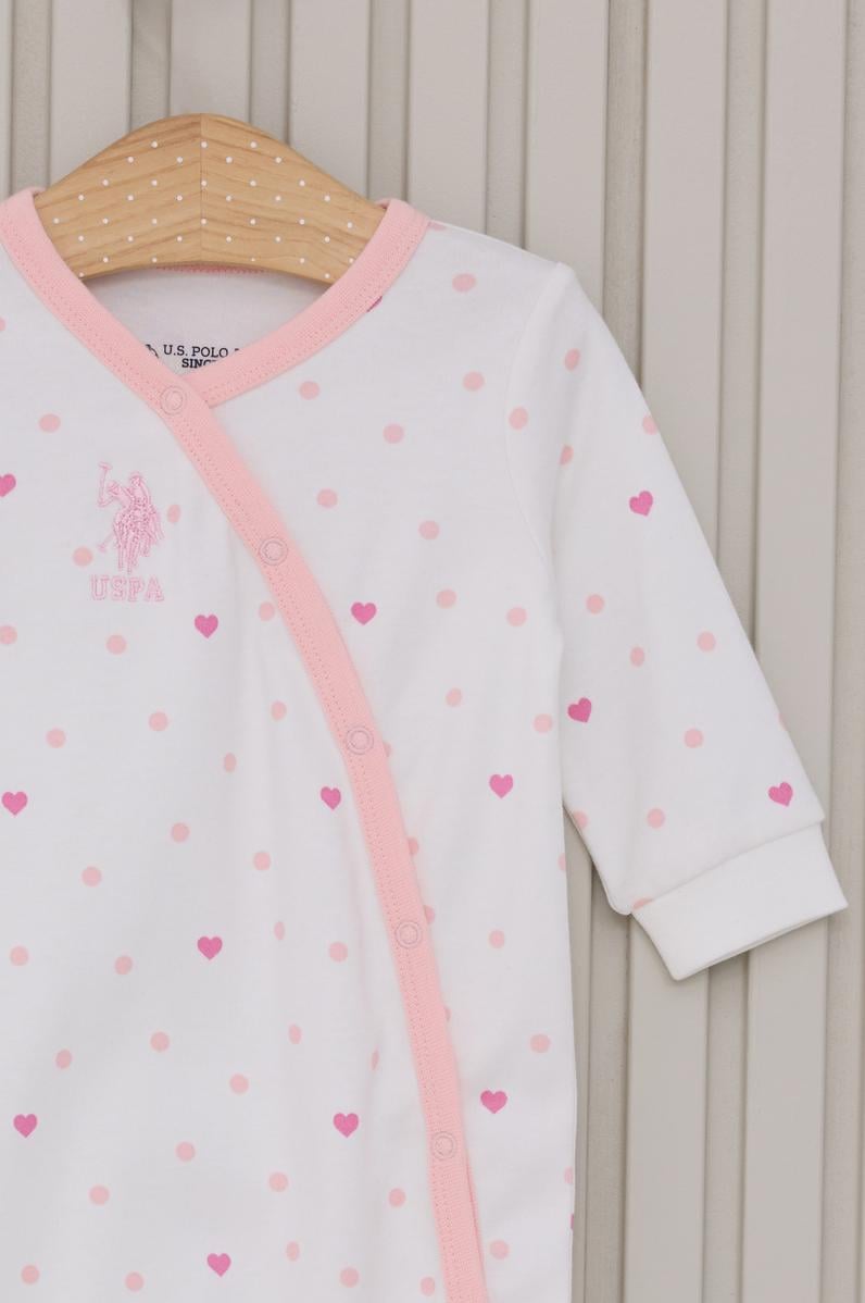 Kız Bebek Beyaz Kalp Desenli %100 Pamuk Patikli Tulum