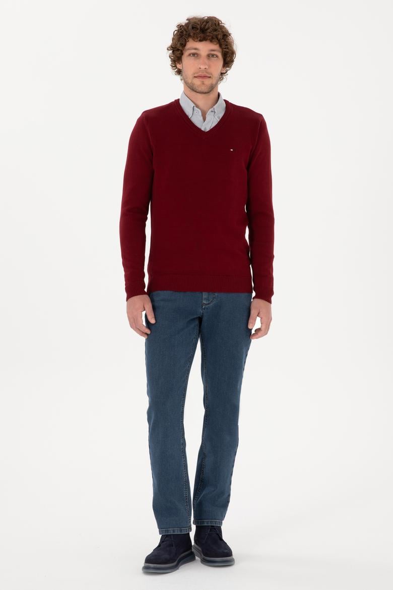 Erkek Slim Fit V Yaka Bordo Basic Kazak - 50313668005