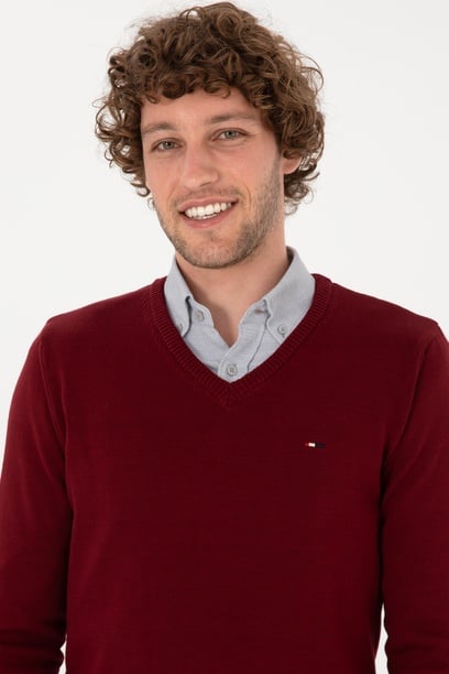 Erkek Slim Fit V Yaka Bordo Basic Kazak