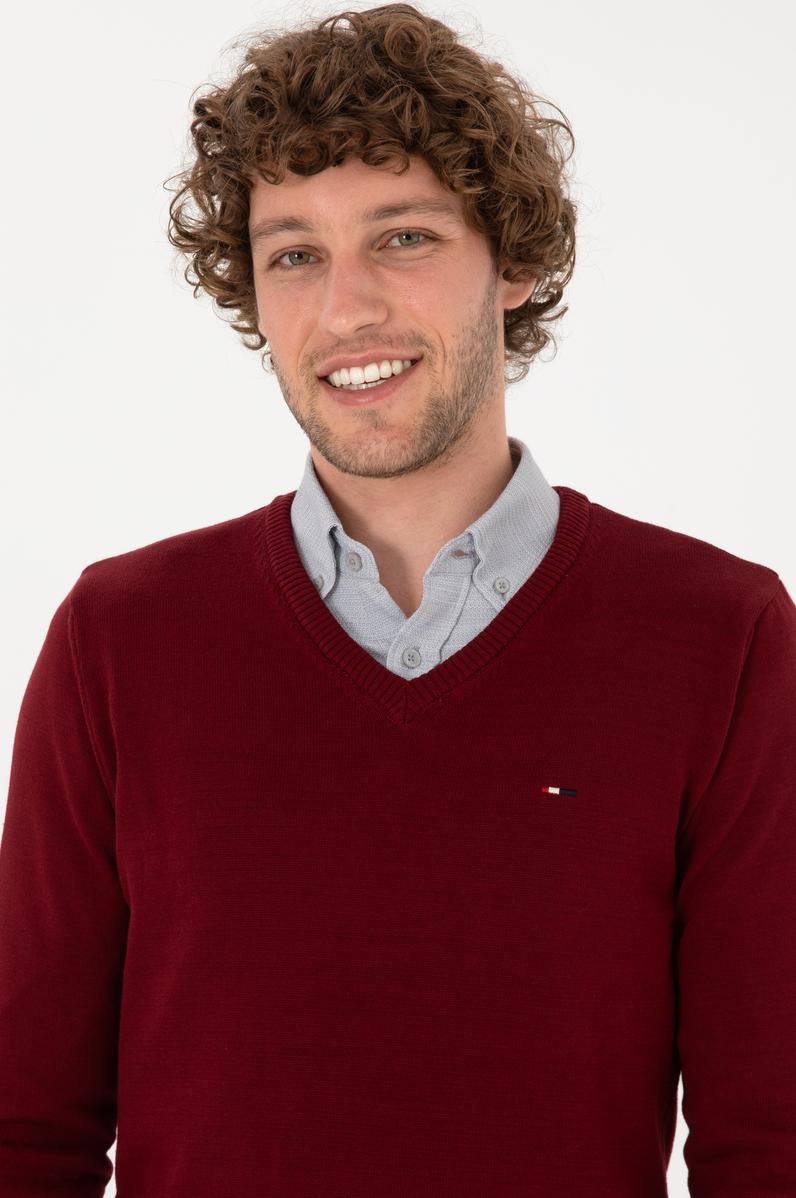 Erkek Slim Fit V Yaka Bordo Basic Kazak