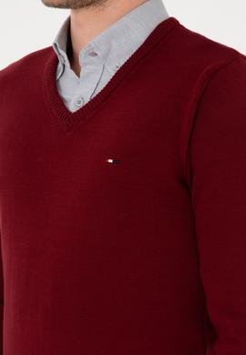 Erkek Slim Fit V Yaka Bordo Basic Kazak - 50313668005