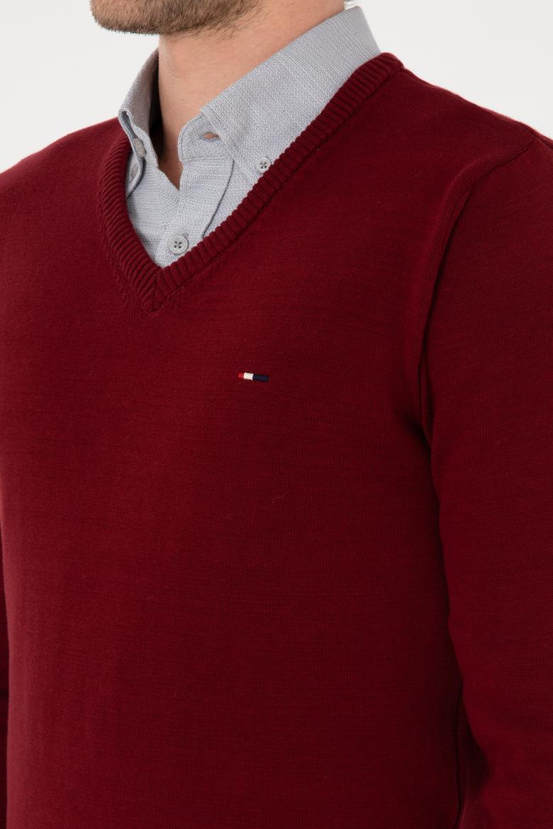 Erkek Slim Fit V Yaka Bordo Basic Kazak - 50313668005