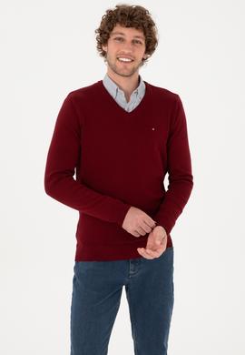 Erkek Slim Fit V Yaka Bordo Basic Kazak - 50313668005