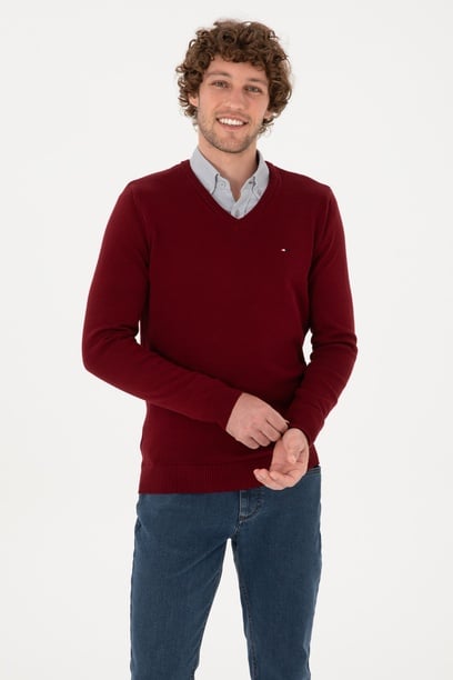 Erkek Slim Fit V Yaka Bordo Basic Kazak