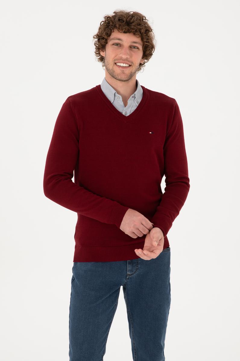 Erkek Slim Fit V Yaka Bordo Basic Kazak
