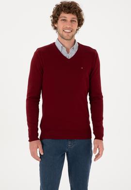 Erkek Slim Fit V Yaka Bordo Basic Kazak - 50313668005