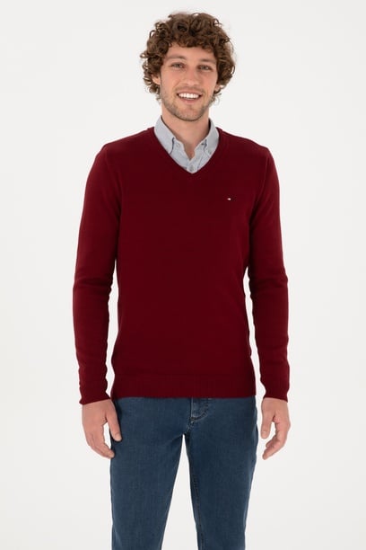 Erkek Slim Fit V Yaka Bordo Basic Kazak