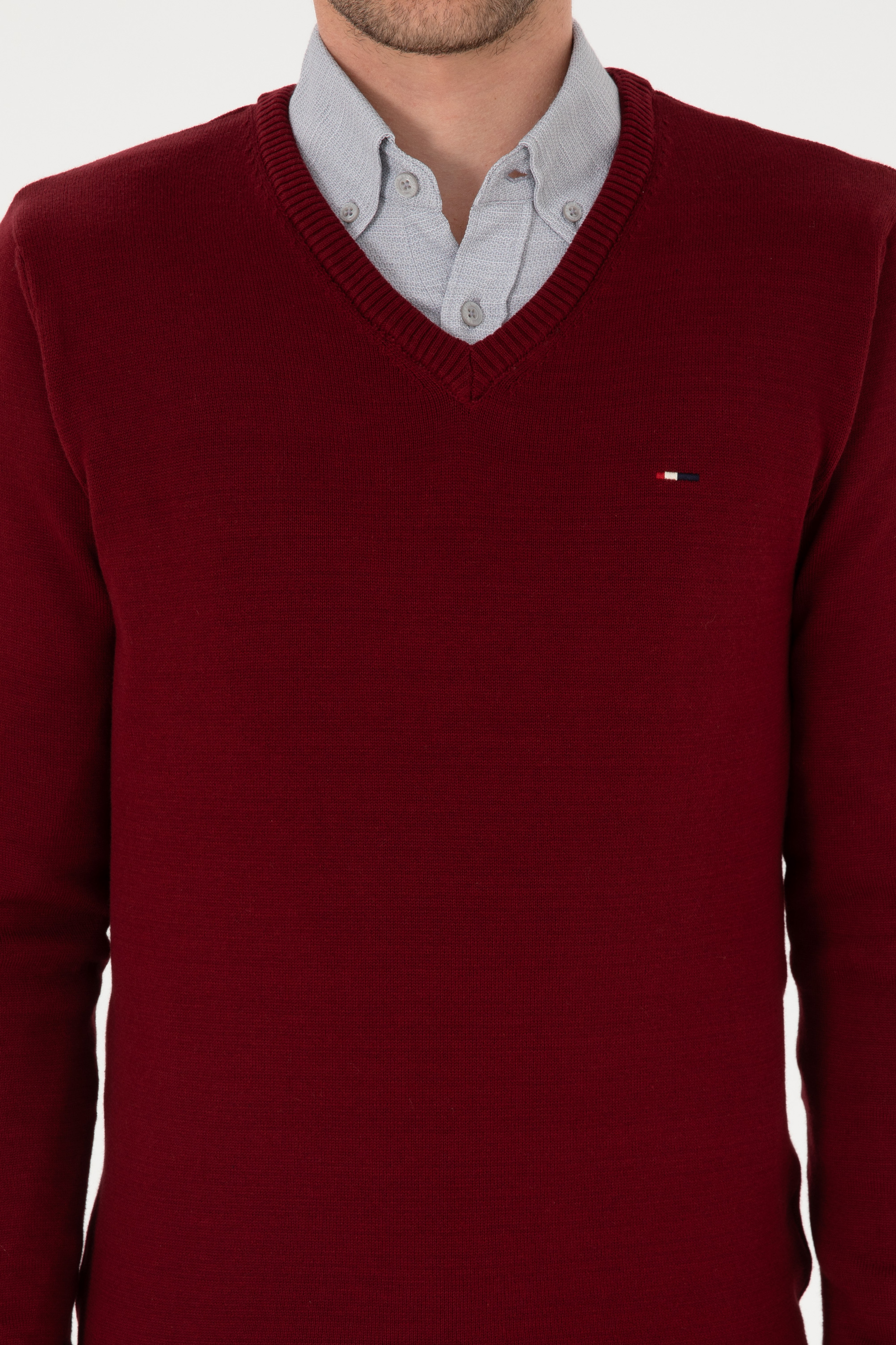 Erkek Slim Fit V Yaka Bordo Basic Kazak