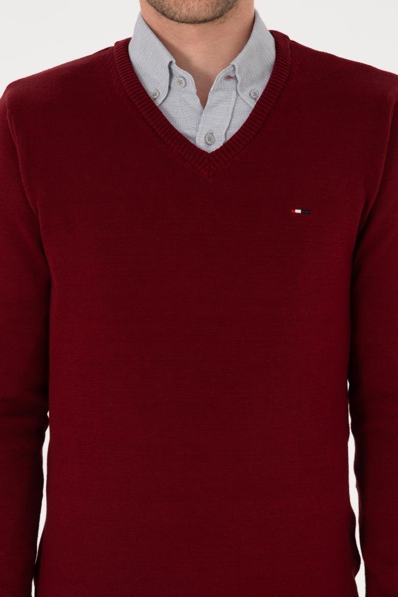 Erkek Slim Fit V Yaka Bordo Basic Kazak - 50313668005