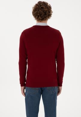 Erkek Slim Fit V Yaka Bordo Basic Kazak - 50313668005