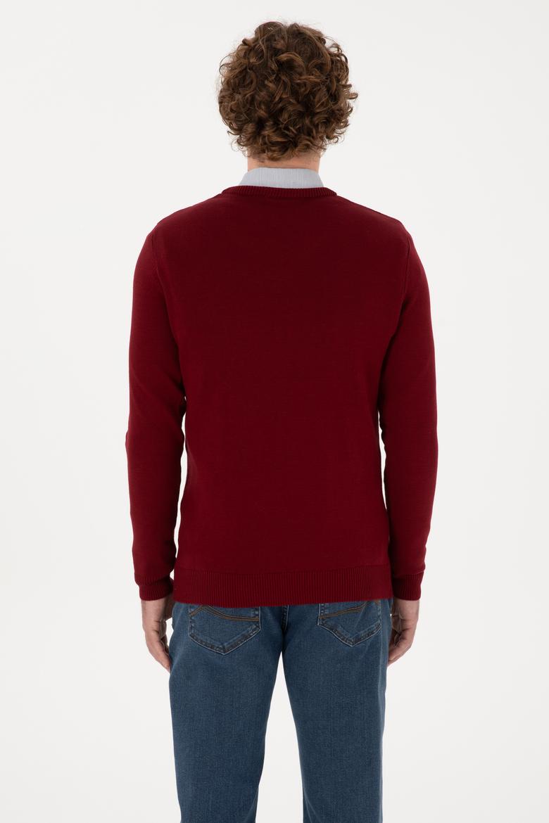 Erkek Slim Fit V Yaka Bordo Basic Kazak - 50313668005