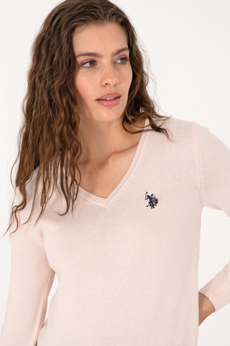Kadın Açık Pembe V Yaka Basic Kazak