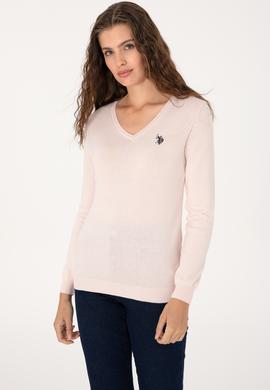 Kadın Açık Pembe V Yaka Basic Kazak - 50313590053