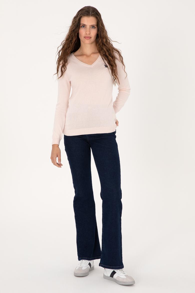 Kadın Açık Pembe V Yaka Basic Kazak - 50313590053