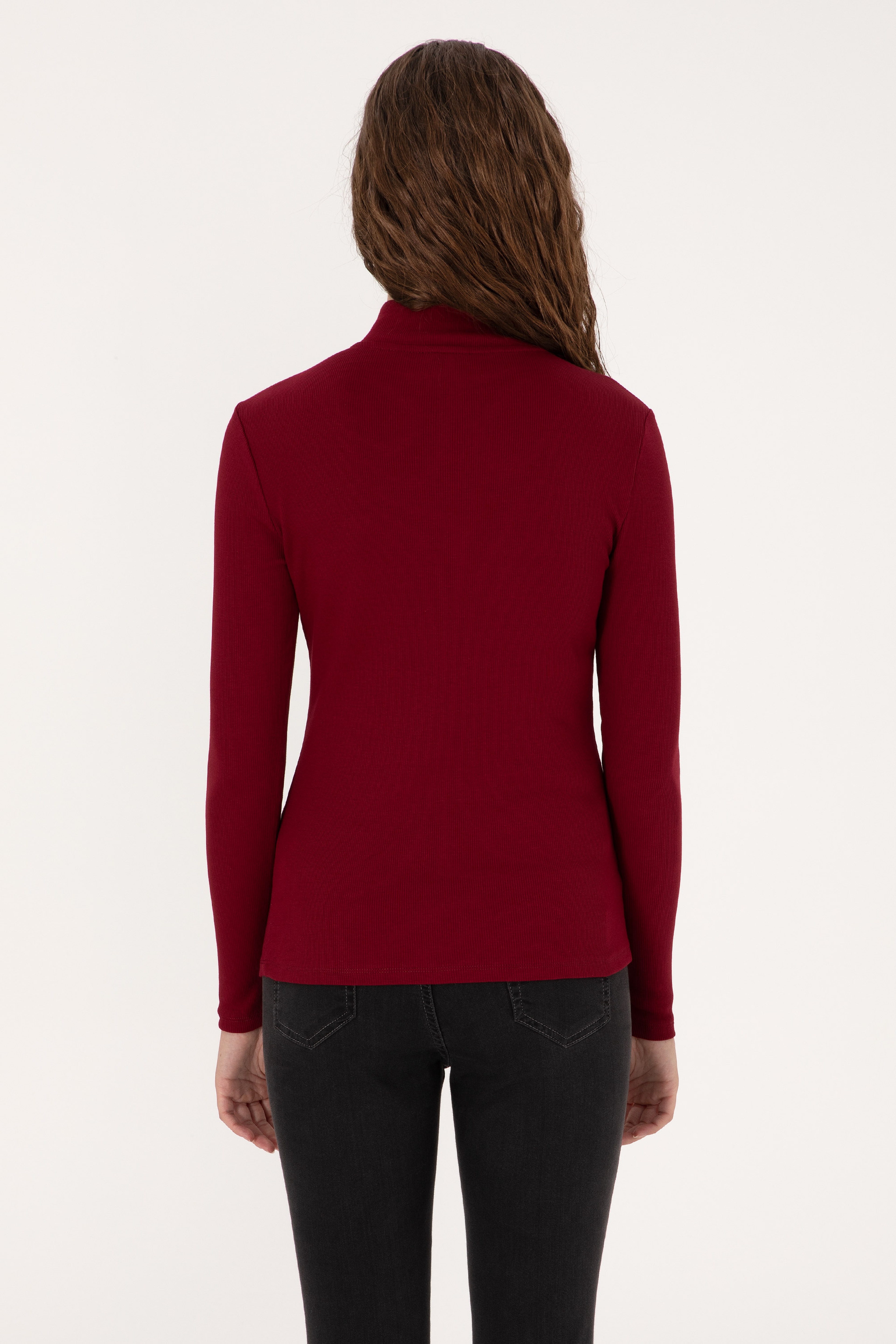 Kadın Bordo Fermuarlı Dik Yaka Sweatshirt - Image 5