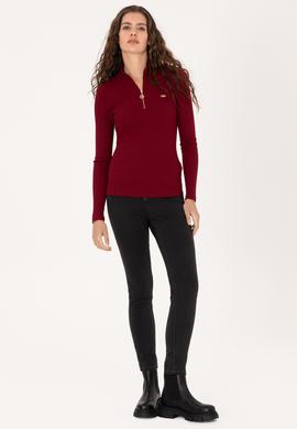 Kadın Bordo Fermuarlı Dik Yaka Sweatshirt - 50313564029