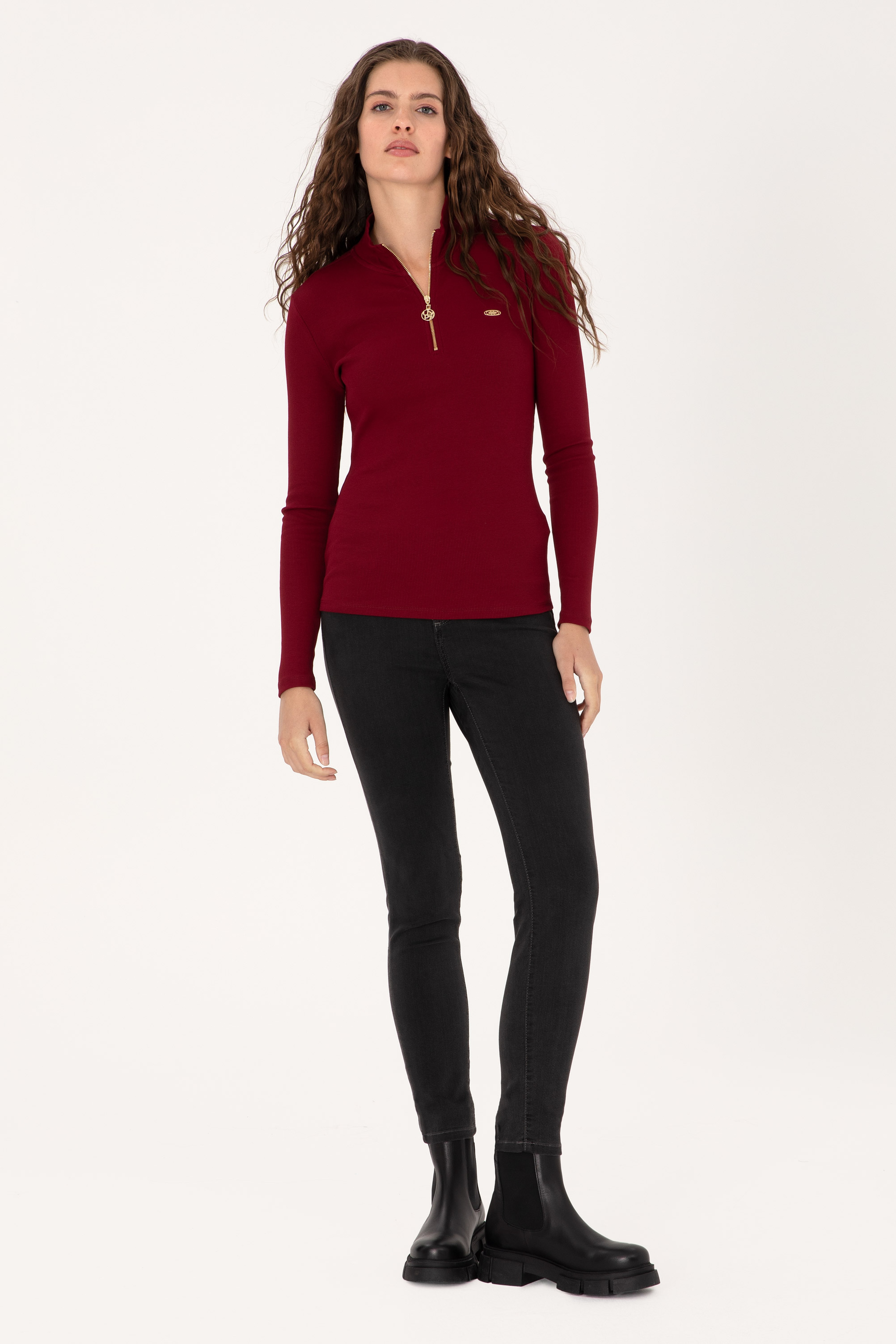 Kadın Bordo Fermuarlı Dik Yaka Sweatshirt - Image 4