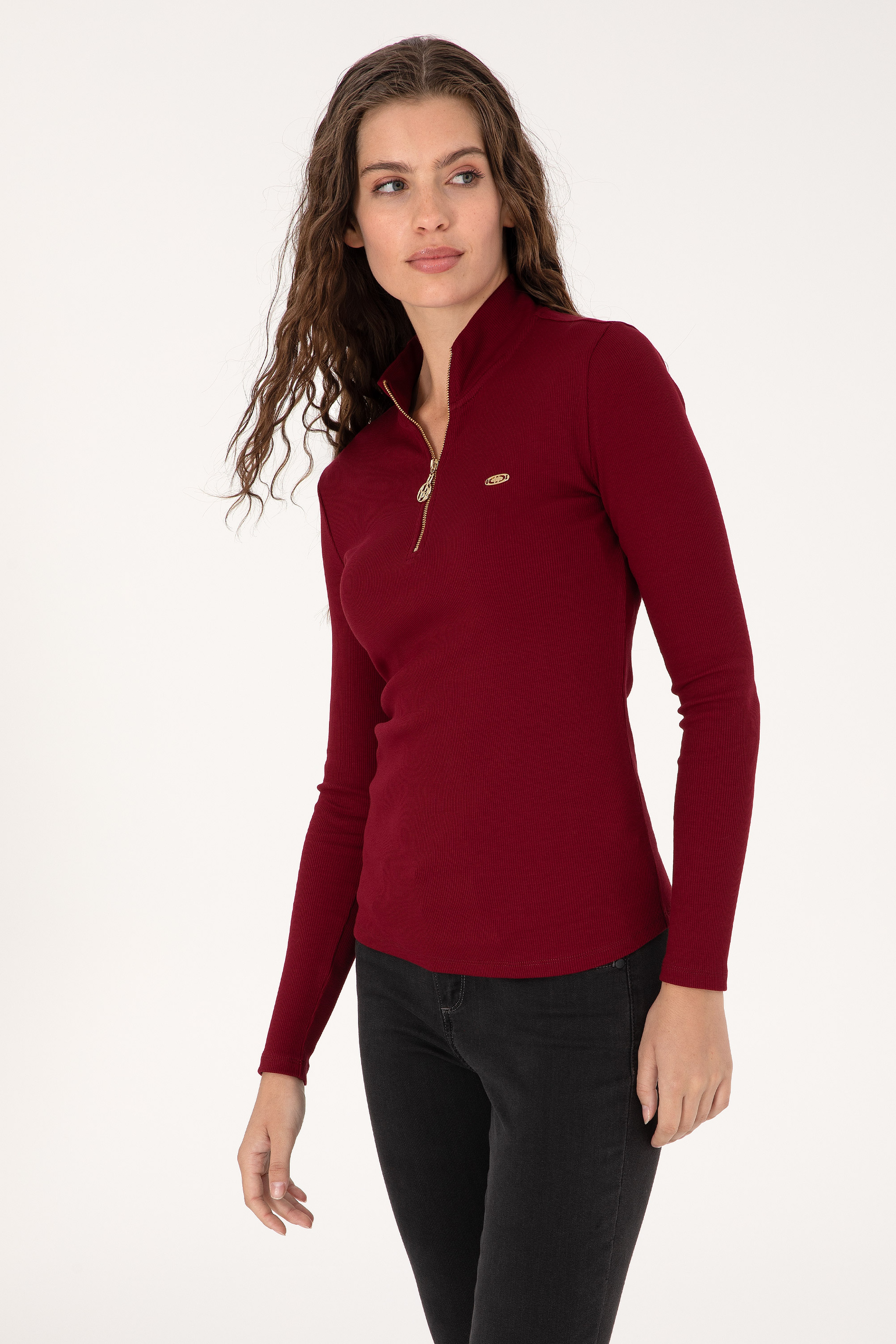Kadın Bordo Fermuarlı Dik Yaka Sweatshirt