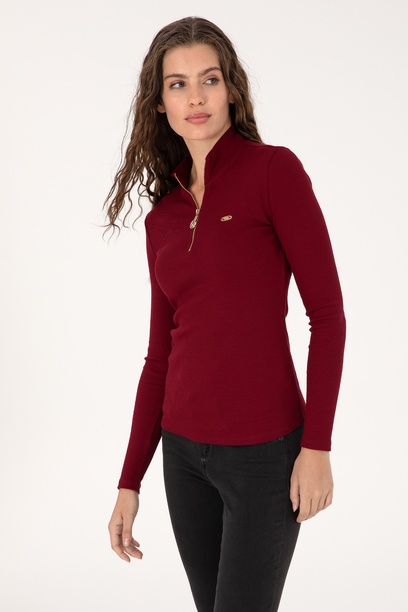 Kadın Bordo Fermuarlı Dik Yaka Sweatshirt